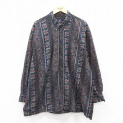 XL★古着 長袖 シャツ メンズ ペイズリー柄 大きいサイズ ロング丈 コットン ボタンダウン 紺他 ネイビー 25jul05 中古 トップス