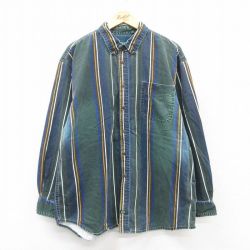 XL★古着 アメリカンイーグル American Eagle 長袖 ブランド シャツ メンズ 90年代 90s 大きいサイズ コットン ボタンダウン 緑他 グリーン ストライプ 25jul05 中古 トップス