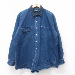XL★古着 長袖 シャツ メンズ 90年代 90s 襟コーデュロイ 大きいサイズ コットン 濃紺 ネイビー デニム 25aug04 中古 トップス