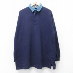XL★古着 長袖 ラガー シャツ メンズ 90年代 90s 襟デニム 大きいサイズ ロング丈 コットン USA製 紺 ネイビー 【spe】 25aug04 中古 トップス
