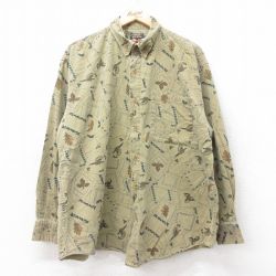 【50%OFF】XL★古着 長袖 シャツ メンズ 00年代 00s 鳥 魚 コットン ボタンダウン 緑系 グリーン 25aug04 中古 トップス