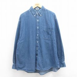 XL★古着 長袖 シャツ メンズ 大きいサイズ コットン ボタンダウン 紺 ネイビー デニム 25aug08 中古 トップス