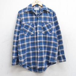 【20%OFF】M★古着 長袖 シャツ メンズ 80年代 80s コットン 開襟 オープンカラー 青他 ブルー チェック 25aug18 中古 トップス