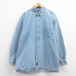 XL★古着 長袖 シャツ メンズ 大きいサイズ ロング丈 コットン 紺 ネイビー デニム 25aug18 中古 トップス