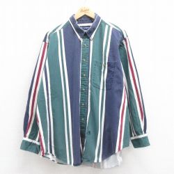 XL★古着 長袖 シャツ メンズ 00年代 00s ヘリンボーン 大きいサイズ コットン ボタンダウン 緑 グリーン ストライプ 25aug18 中古 トップス