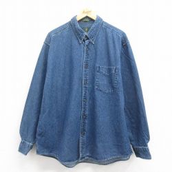 XL★古着 長袖 シャツ メンズ 大きいサイズ コットン ボタンダウン 紺 ネイビー デニム 25aug18 中古 トップス