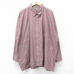 XL★古着 長袖 シャツ メンズ 90年代 90s 大きいサイズ ロング丈 ボタンダウン エンジ他 ストライプ 25aug20 中古 トップス