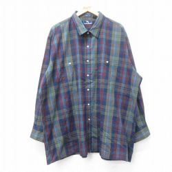 XL★古着 長袖 シャツ メンズ 90年代 90s 大きいサイズ ロング丈 紺他 ネイビー チェック 25aug20 中古 トップス