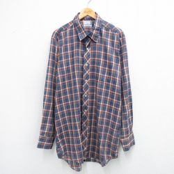 XL★古着 長袖 シャツ メンズ 90年代 90s ロング丈 紺他 ネイビー チェック 25aug25 中古 トップス