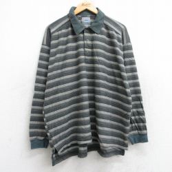 XL★古着 アロー 長袖 ポロ シャツ メンズ 大きいサイズ コットン 濃緑他 グリーン ボーダー 25aug25 中古 トップス