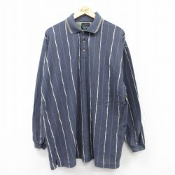 XL★古着 グレッグノーマン 長袖 ポロ シャツ メンズ 大きいサイズ ロング丈 コットン 紺 ネイビー ストライプ 【spe】 25aug30 中古 トップス
