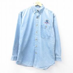 L★古着 リー Lee 長袖 シャツ メンズ 90年代 90s MLB ニューヨークヤンキース コットン ボタンダウン 薄紺 ネイビー デニム メジャーリーグ ベースボール 野球 【spe】 25sep01 中古 トップス