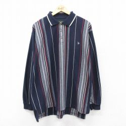 XL★古着 長袖 ポロ シャツ メンズ 90年代 90s ワンポイントロゴ 紺他 ネイビー ストライプ 25sep01 中古 トップス