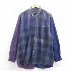 XL★古着 長袖 シャツ メンズ 00年代 00s クレイジーパターン コットン ボタンダウン 紺他 ネイビー チェック 25sep04 中古 トップス