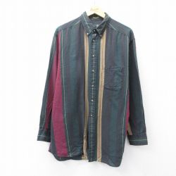 XL★古着 長袖 シャツ メンズ ロング丈 コットン ボタンダウン 緑他 グリーン ストライプ 25sep08 中古 トップス
