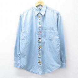 L★古着 長袖 シャツ メンズ ディズニー DISNEY しらゆきひめ 7人の小人 七人のこびと 刺繍 コットン 薄紺 ネイビー デニム 【spe】 25sep10 中古 トップス