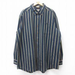XL★古着 長袖 シャツ メンズ 大きいサイズ ロング丈 ボタンダウン 緑他 グリーン ストライプ 25sep12 中古 トップス