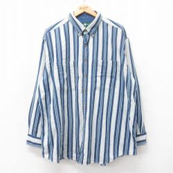 XL★古着 長袖 シャツ メンズ 90年代 90s 大きいサイズ ロング丈 コットン ボタンダウン 紺他 ネイビー ストライプ 25sep12 中古 トップス