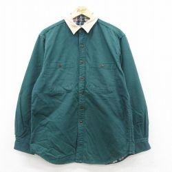 L★古着 EMS 長袖 シャツ メンズ 90年代 90s ダック地 ロング丈 コットン 緑 グリーン 内側フランネル 25sep24 中古 トップス