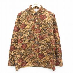 L★古着 長袖 シャツ メンズ 90年代 90s 花柄 コットン USA製 濃ベージュ他 カーキ 【spe】 25sep24 中古 トップス