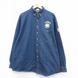 XL★古着 長袖 シャツ メンズ 90年代 90s PLUMBERS 大きいサイズ ロング丈 コットン ボタンダウン USA製 紺 ネイビー デニム 25sep24 中古 トップス
