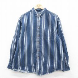 XL★古着 ルート66 長袖 シャツ メンズ 00年代 00s 大きいサイズ コットン ボタンダウン 紺他 ネイビー ストライプ 25sep29 中古 トップス