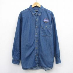 XL★古着 長袖 シャツ メンズ LOWES レーシング 大きいサイズ ロング丈 コットン ボタンダウン 紺 ネイビー デニム 【spe】 25oct03 中古 トップス