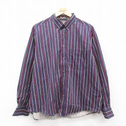 XL★古着 長袖 シャツ メンズ 大きいサイズ コットン ボタンダウン 紺他 ネイビー ストライプ 25oct17 中古 トップス