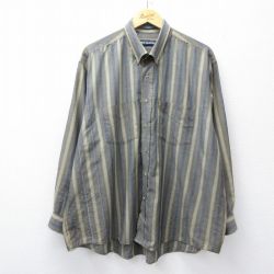 XL★古着 バンヒューセン 長袖 シャツ メンズ 90年代 90s 大きいサイズ ボタンダウン 濃緑他 グリーン ストライプ 25oct24 中古 トップス