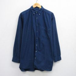 XL★古着 長袖 シャツ メンズ 大きいサイズ ロング丈 コットン ボタンダウン 紺他 ネイビー チェック 25oct24 中古 トップス