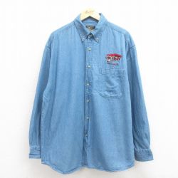 XL★古着 長袖 シャツ メンズ 車 ロング丈 コットン ボタンダウン 紺 ネイビー デニム 25oct29 中古 トップス