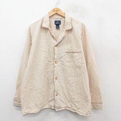 XL★古着 STAFFORD 長袖 パジャマ シャツ メンズ 大きいサイズ 開襟 オープンカラー ベージュ他 ストライプ 25nov14
