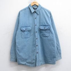 XL★古着 長袖 シャツ メンズ ロング丈 コットン 薄紺 デニム 内側フリース 25nov15