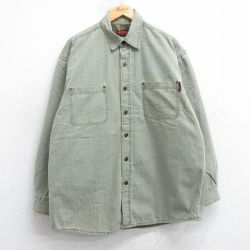 XL★古着 長袖 シャツ メンズ コットン 薄緑系 内側フリース 25nov15