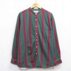 XL★古着 長袖 シャツ メンズ 00年代 00s 大きいサイズ コットン ノーカラー 緑他 ストライプ 25nov17