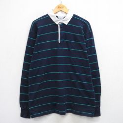 L★古着 長袖 ラガー シャツ メンズ 90年代 90s コットン USA製 紺他 ボーダー 25nov17