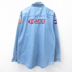 XL★古着 長袖 シャツ メンズ EXCEL 刺繍 大きいサイズ ロング丈 コットン ボタンダウン 紺 デニム【spe】 25nov19