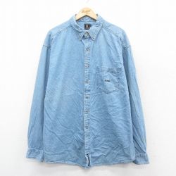 XL★古着 長袖 シャツ メンズ 00年代 00s ミシガン 大きいサイズ ロング丈 コットン ボタンダウン 紺 デニム 25nov19
