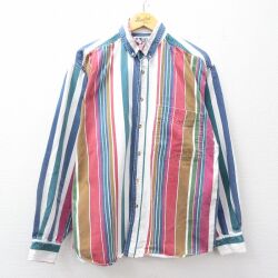 L★古着 長袖 シャツ メンズ 90年代 90s コットン ボタンダウン 白他 ストライプ 25dec05