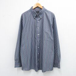 XL★古着 JOS.A.BANK 長袖 シャツ メンズ 大きいサイズ ロング丈 コットン ボタンダウン 濃紺他 ストライプ 25dec09