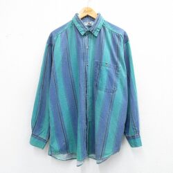 XL★古着 長袖 シャツ メンズ 90年代 90s 大きいサイズ コットン 緑他 ストライプ 25dec09