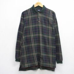 XL★古着 長袖 ポロ シャツ メンズ 大きいサイズ コットン 緑他 チェック 25dec15