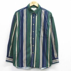 L★古着 長袖 シャツ メンズ コットン ボタンダウン 緑他 ストライプ 25dec15
