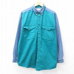 XL★古着 長袖 シャツ メンズ ツートンカラー コットン ボタンダウン 紺 デニム他【spe】 26jan10