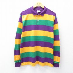 L★古着 長袖 ポロ シャツ メンズ 90年代 90s マルディグラ USA製 紫他 ボーダー 26jan10