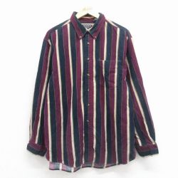 XL★古着 長袖 シャツ メンズ 00年代 00s コーデュロイ コットン ボタンダウン 濃紺他 ストライプ 26jan17