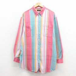 XL★古着 長袖 シャツ メンズ 90年代 90s 大きいサイズ ロング丈 ボタンダウン 赤他 ストライプ【spe】 26jan17