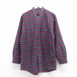 L★古着 長袖 シャツ メンズ 90年代 90s ワンポイントロゴ ロング丈 コットン ボタンダウン エンジ他 チェック 26jan22