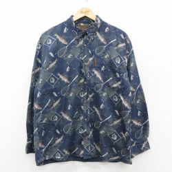 XL★古着 長袖 シャツ メンズ 魚 総柄 コットン ボタンダウン 紺【spe】 26jan29