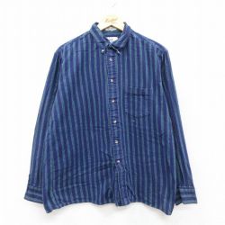 XL★古着 バンヒューセン 長袖 シャツ メンズ 90年代 90s コットン ボタンダウン 紺 ストライプ 26jan29